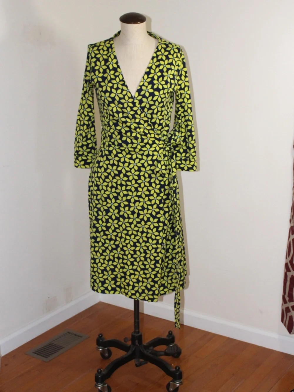 Diane Von Furstenberg, Navy and Lime Floral Print Wrap Dress